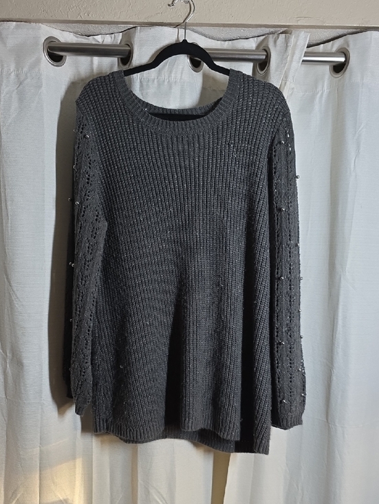 Lane Bryant Sweaters - Lane Bryant Charcoal Knit Crewneck Sweater with Pearl-Embellished Sleeves